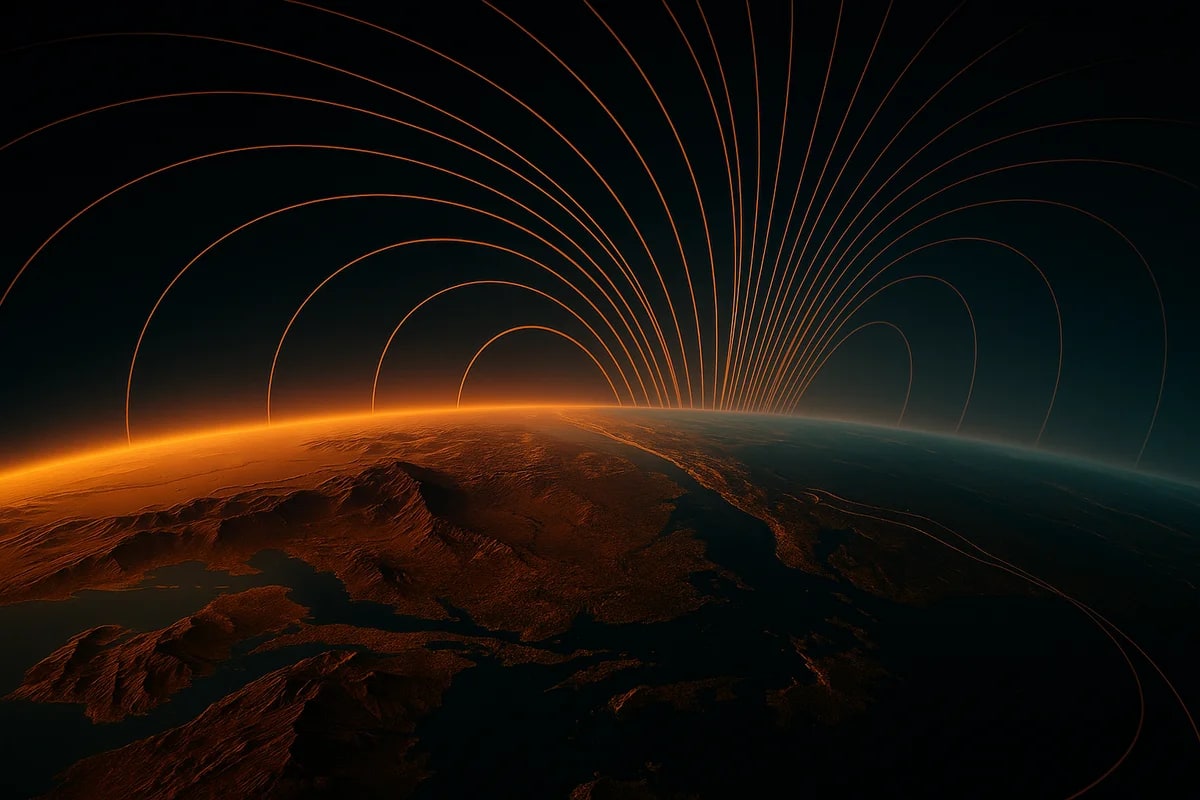 Ilustración del campo magnético terrestre visto desde el espacio