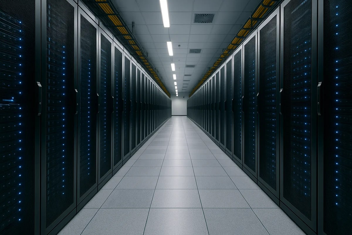 Pasillo de servidores con luces azules en un centro de datos moderno