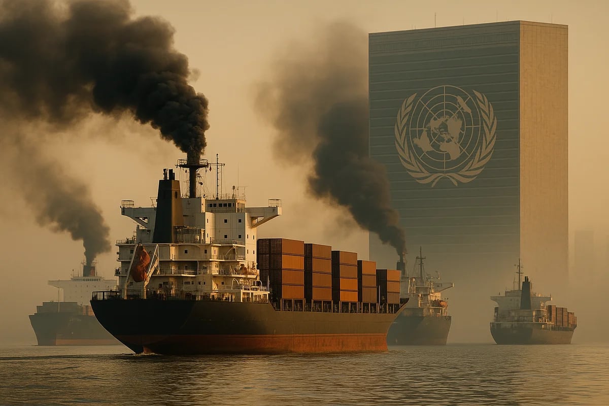 Buques de carga emitiendo humo negro frente a un edificio institucional con emblema ONU