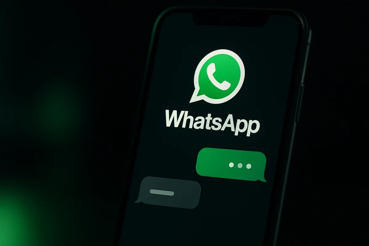 Pantalla de un teléfono mostrando el logotipo de WhatsApp en fondo oscuro