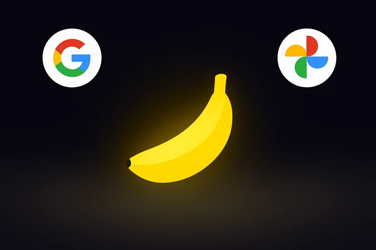 Ilustración de una banana amarilla brillante entre los logotipos de Google y Google Fotos