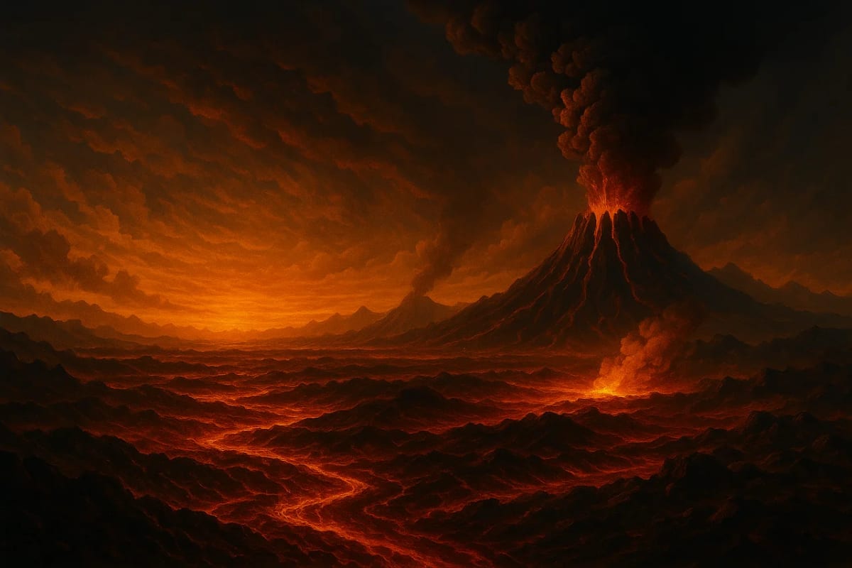 Representación artística de la Tierra primitiva con intensa actividad volcánica y ríos de lava bajo una atmósfera densa y rojiza