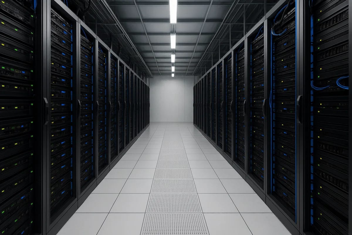 Pasillo central de un centro de datos con filas de servidores iluminados y cableado azul