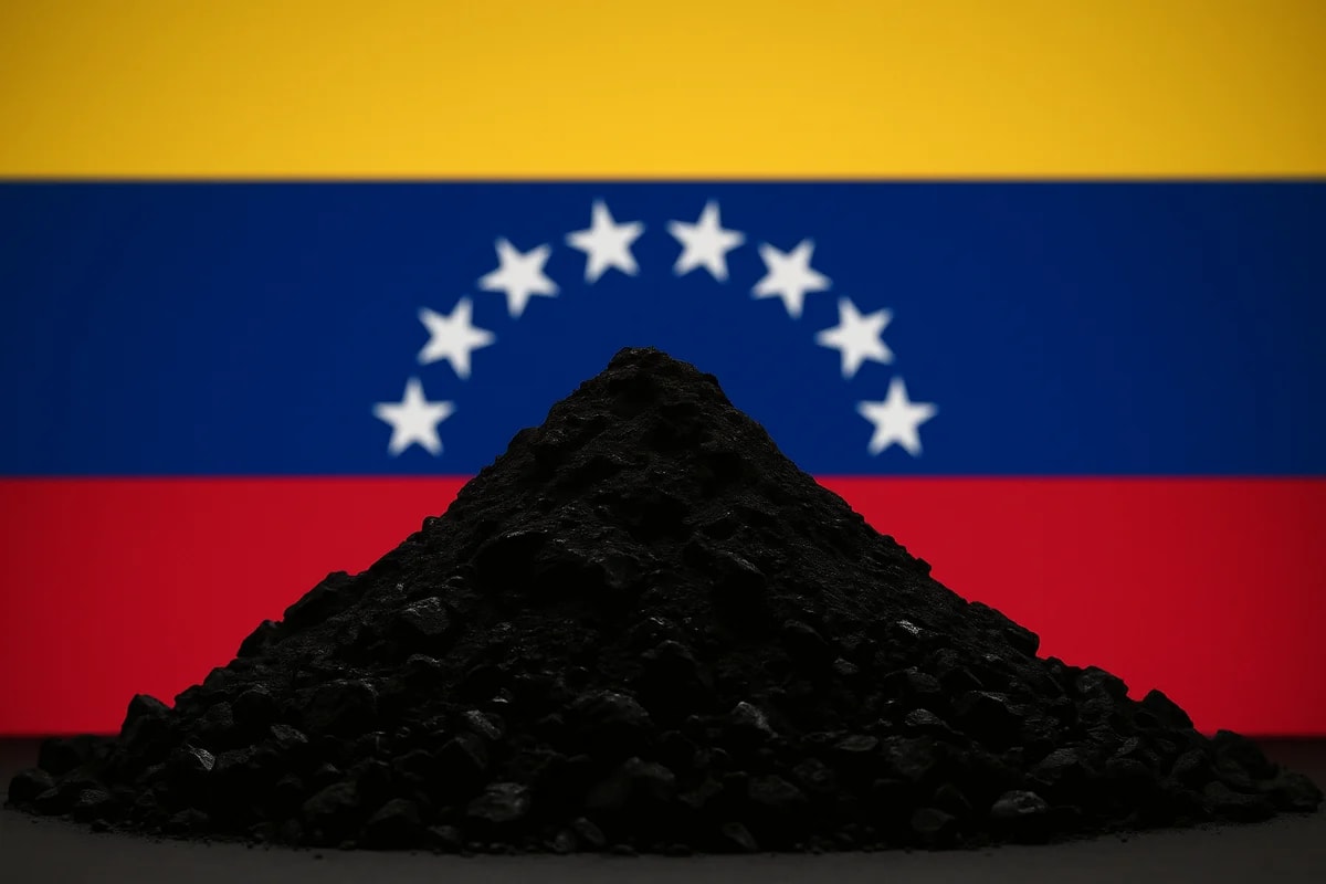 Montículo de carbón con la bandera de Venezuela de fondo, símbolo de la industria energética