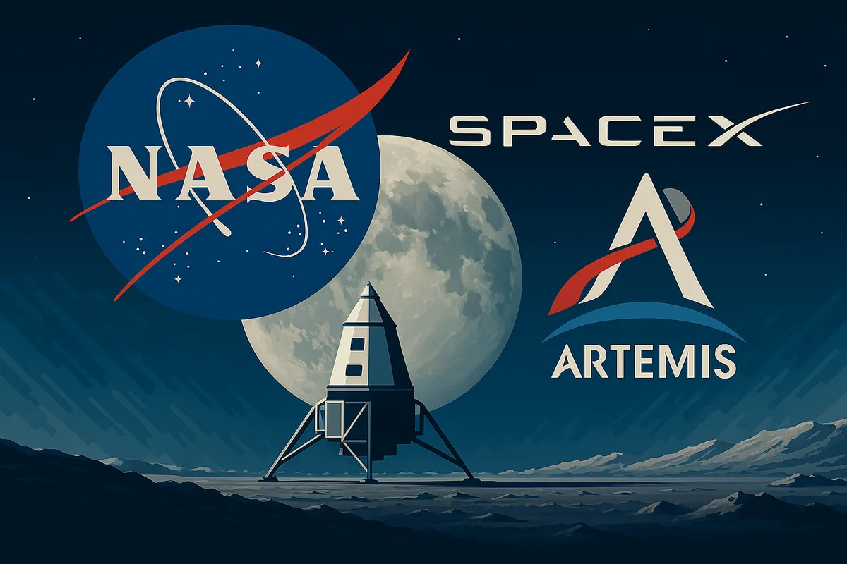 Ilustración del programa Artemis de la NASA con la colaboración de SpaceX, mostrando un módulo lunar frente a la Luna