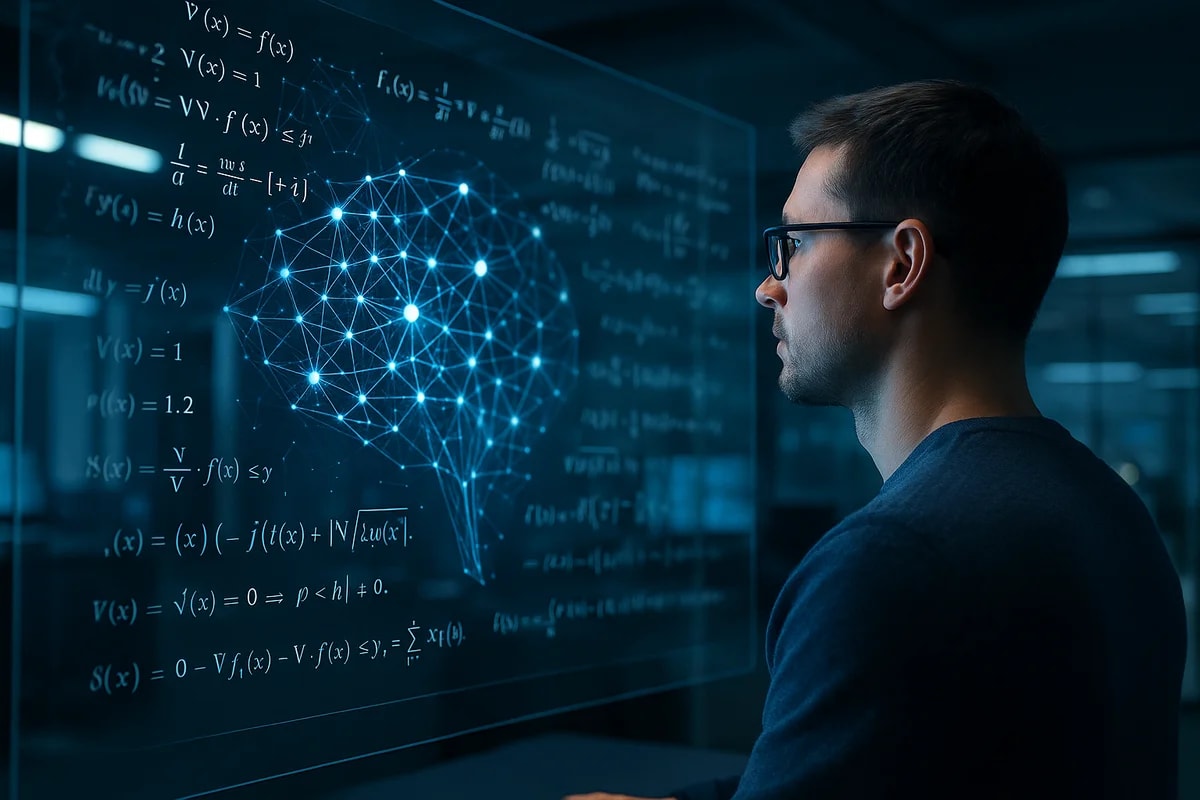 Investigador observa un modelo de red neuronal y fórmulas matemáticas en una pantalla digital