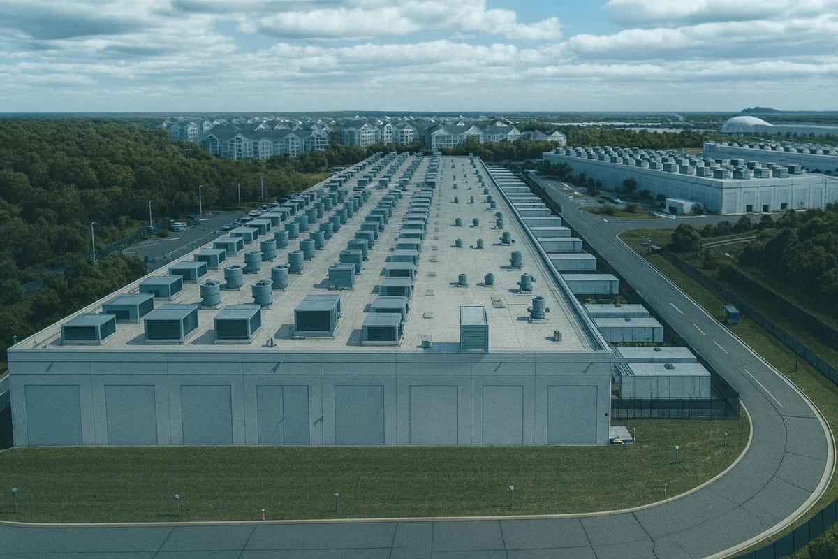 Vista aérea de un centro de datos de Amazon Web Services en Virginia, símbolo de la infraestructura global de la nube