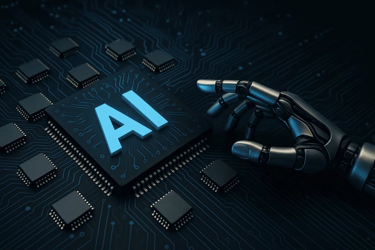 Mano robótica tocando un chip con las siglas AI