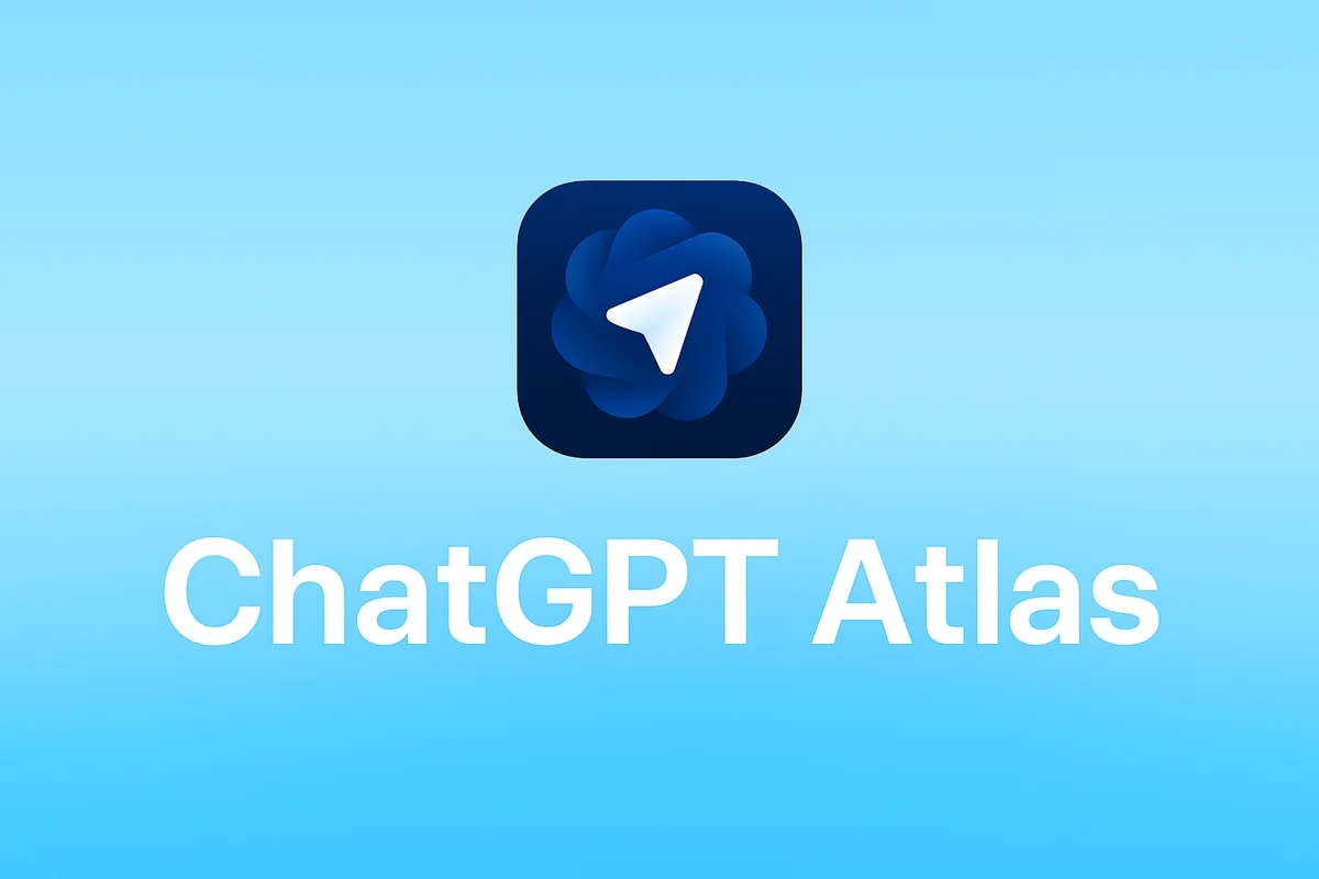 Logotipo oficial de ChatGPT Atlas sobre fondo azul claro, la nueva aplicación de OpenAI