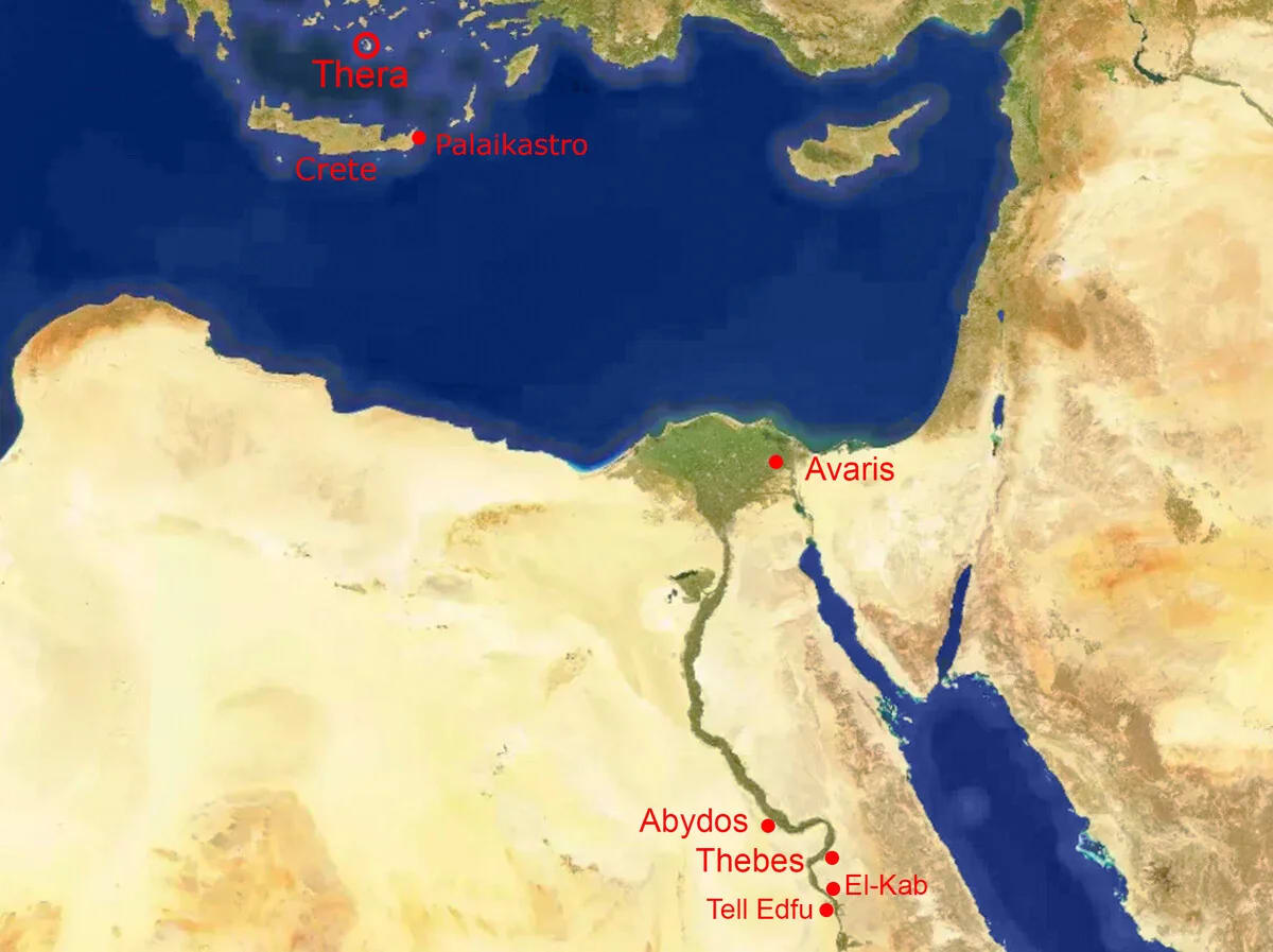 Mapa del Mediterráneo oriental que muestra la ubicación del volcán Thera en Santorini y otras zonas de Egipto mencionadas en el estudio