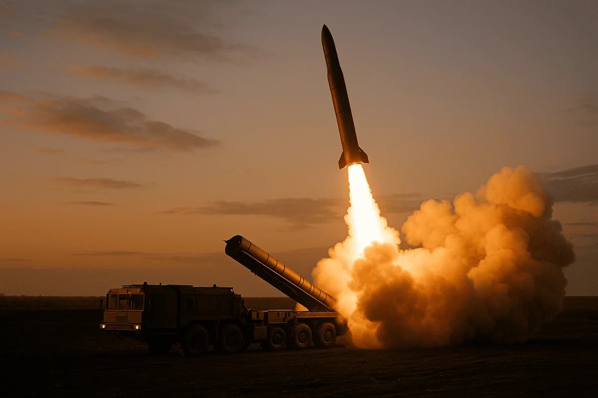 Ilustración conceptual de un lanzamiento de misil durante un ejercicio militar al atardecer