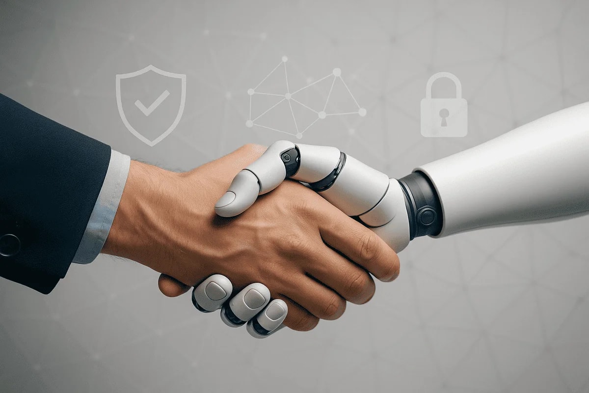 Un ser humano estrecha la mano de un robot