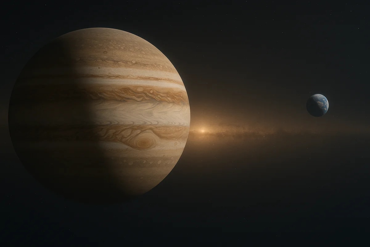 Representación ilustrativa de Júpiter y la Tierra vistos desde el espacio