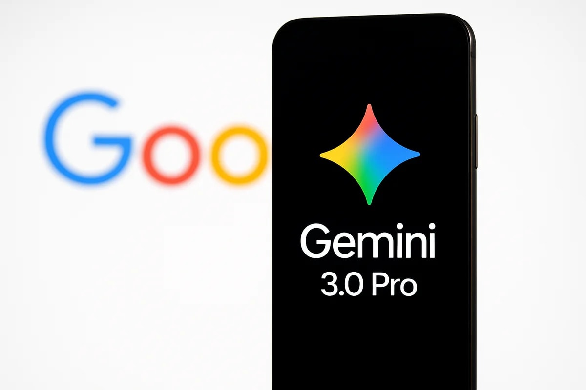 Teléfono con el logotipo de Gemini 3.0 Pro frente al nombre de Google desenfocado