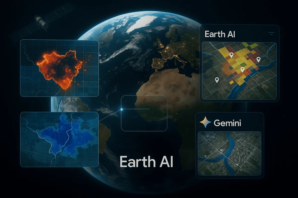 Visualización de la Tierra con paneles de análisis satelital y mapas de datos geoespaciales generados por Earth AI y Gemini de Google
