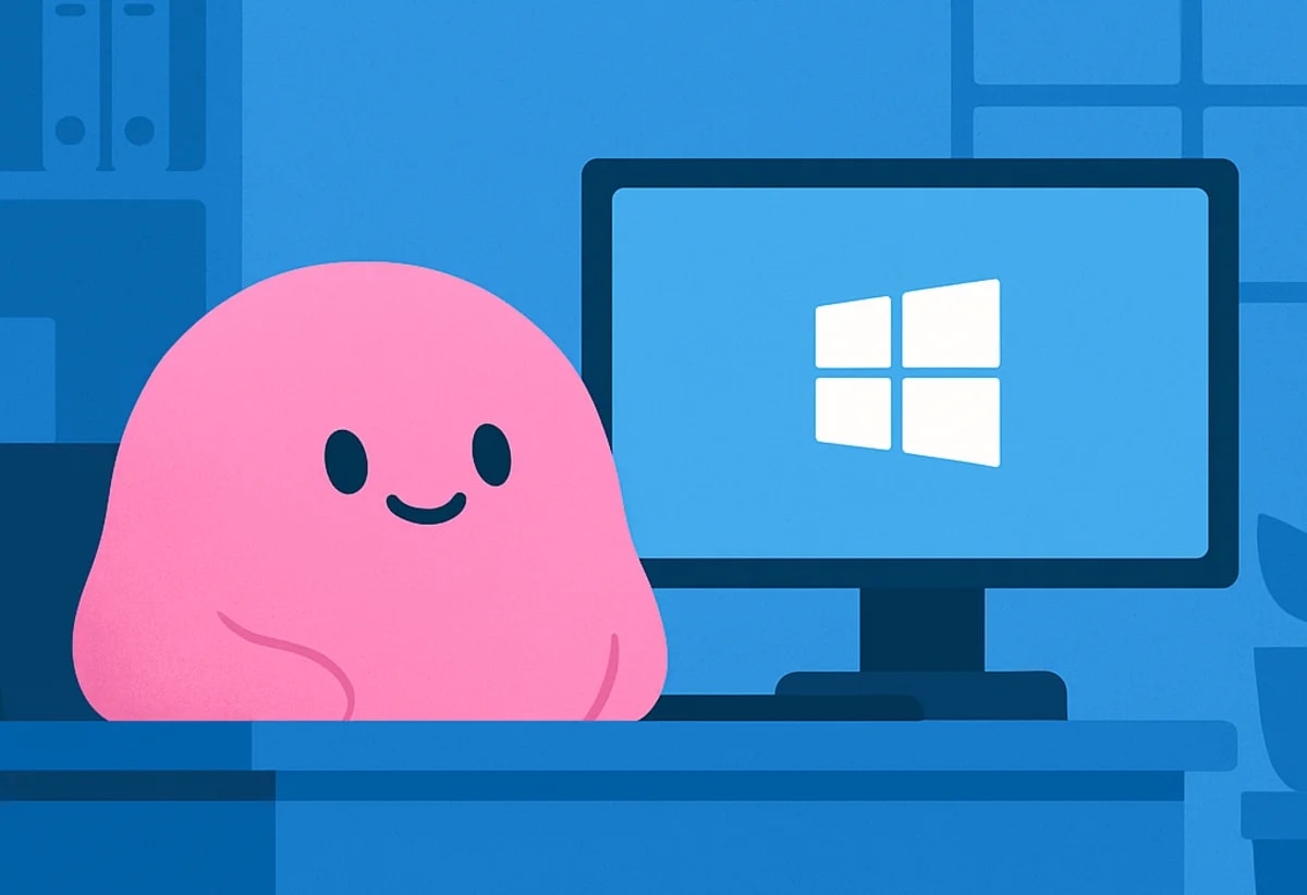Mico, el nuevo asistente animado de Microsoft Copilot, sentado frente a un monitor con el logotipo de Windows