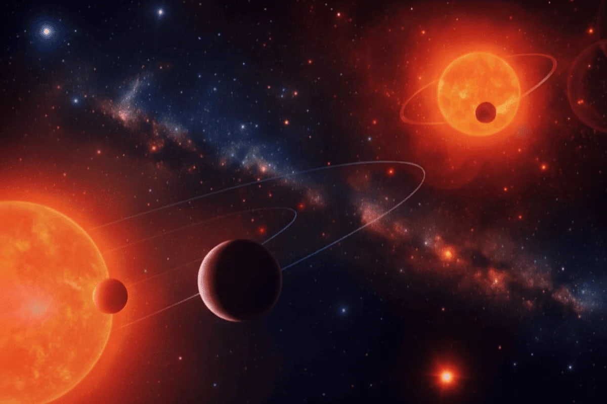 Impresión artística del exoplaneta TOI-2267 orbitando su estrella en un entorno estelar distante