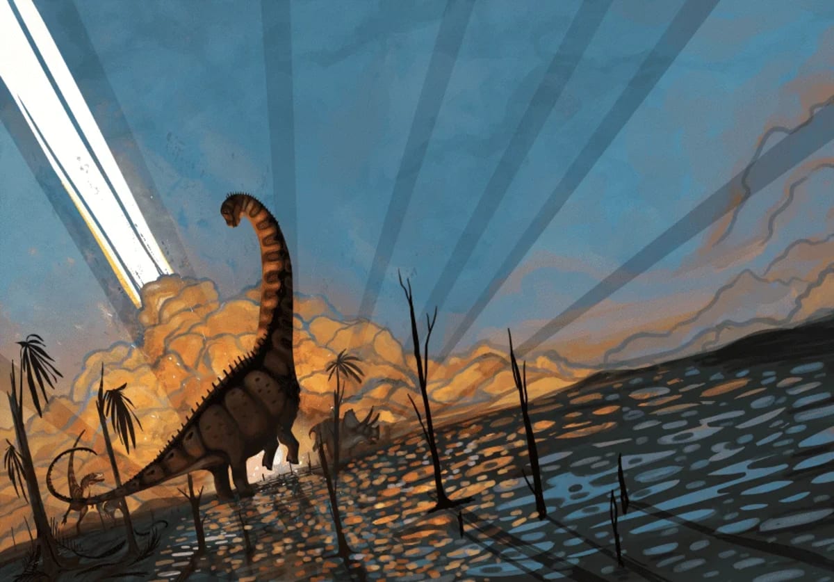 Ilustración de un Alamosaurus caminando en un paisaje árido del noroeste de Nuevo México