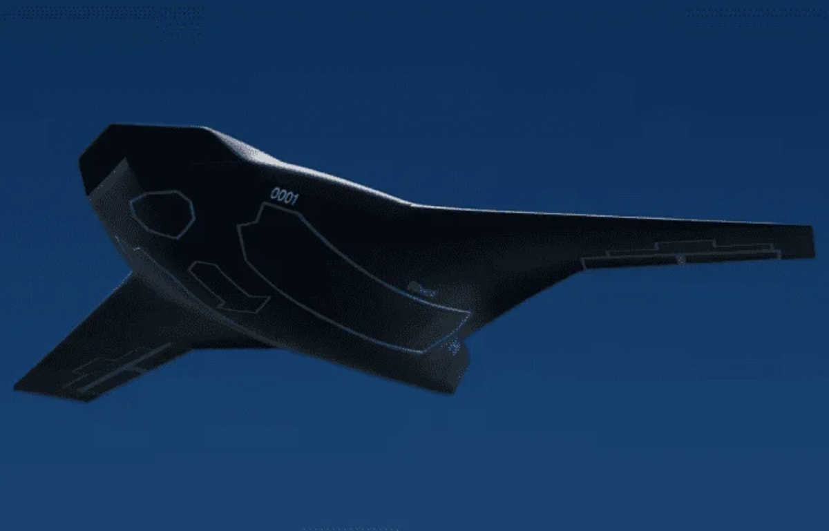 Perfil del dron X-BAT en vuelo mostrando su diseño furtivo y alas en flecha