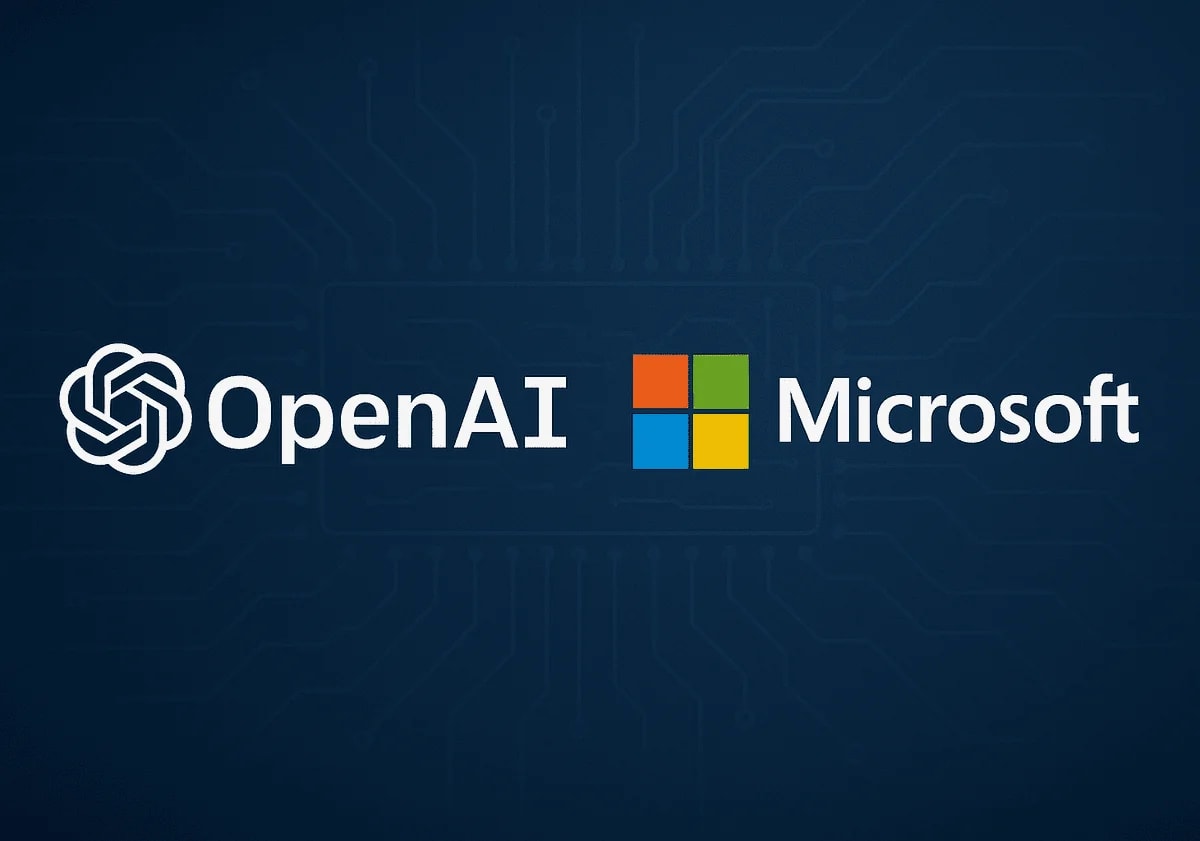 Logotipos de OpenAI y Microsoft sobre un fondo azul que simboliza su colaboración en inteligencia artificial y computación en la nube