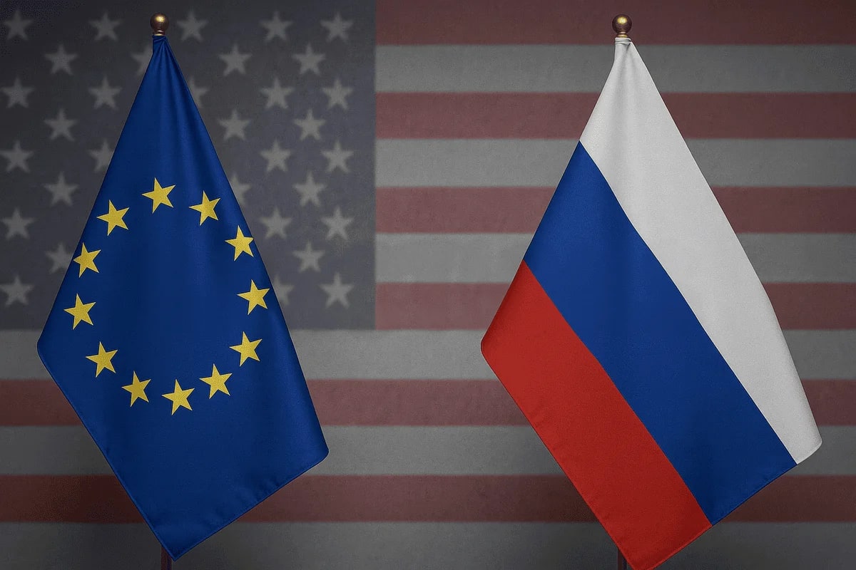 Banderas de la Unión Europea y Rusia, sobre un fondo con la bandera de Estados Unidos