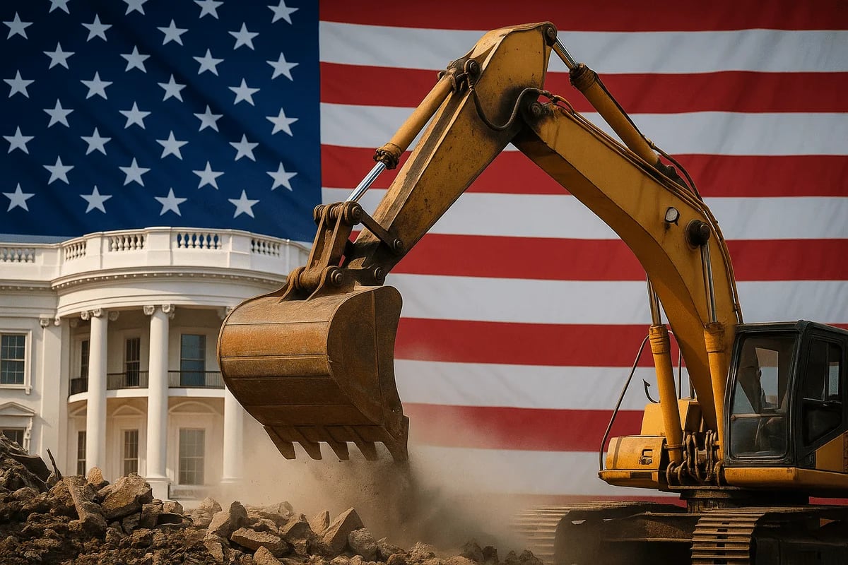 Excavadora demoliendo estructuras frente a la Casa Blanca, con una gran bandera de Estados Unidos al fondo.