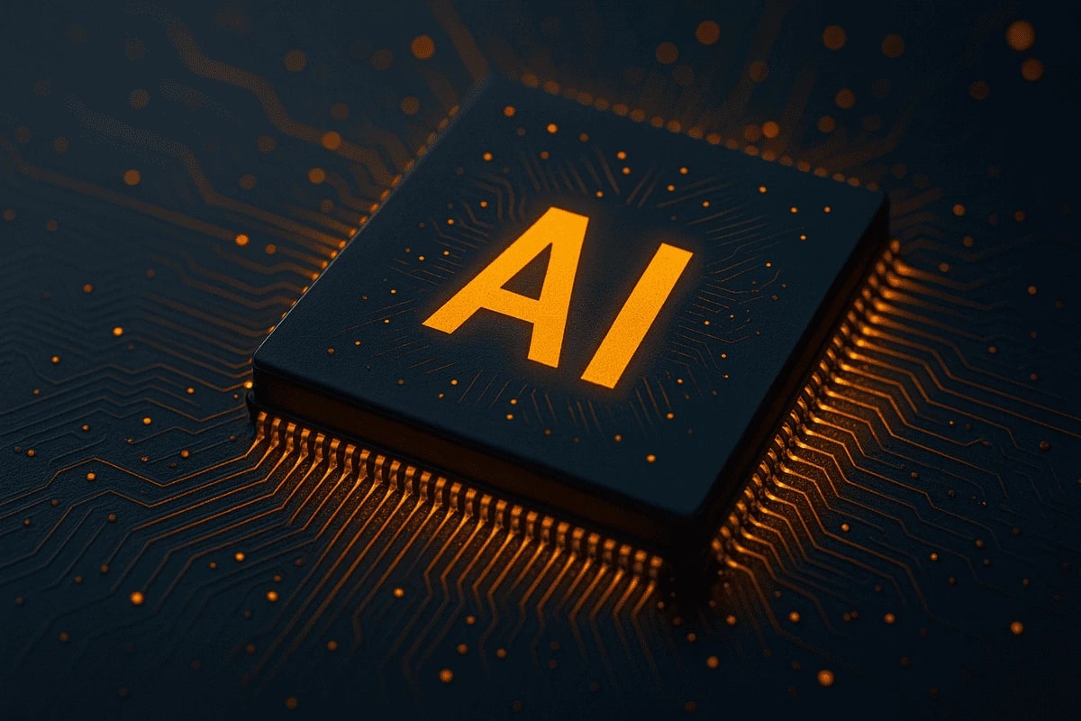 Chip con las letras “IA” sobre un fondo difuminado de la moderna ciudad de Arabia Saudita