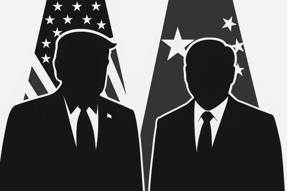 Siluetas ilustradas de Donald Trump y Xi Jinping frente a las banderas de Estados Unidos y China