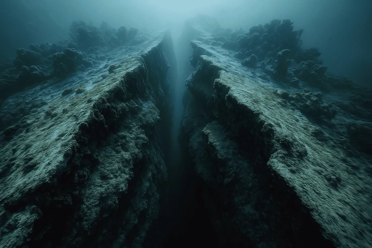Vista submarina de una gran fractura tectónica que se abre en el lecho marino, simulando la ruptura de una zona de subducción en el Pacífico Noroeste
