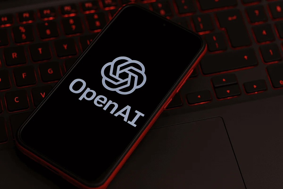 Teléfono inteligente con el logotipo de OpenAI sobre un teclado retroiluminado con luces LED rojas