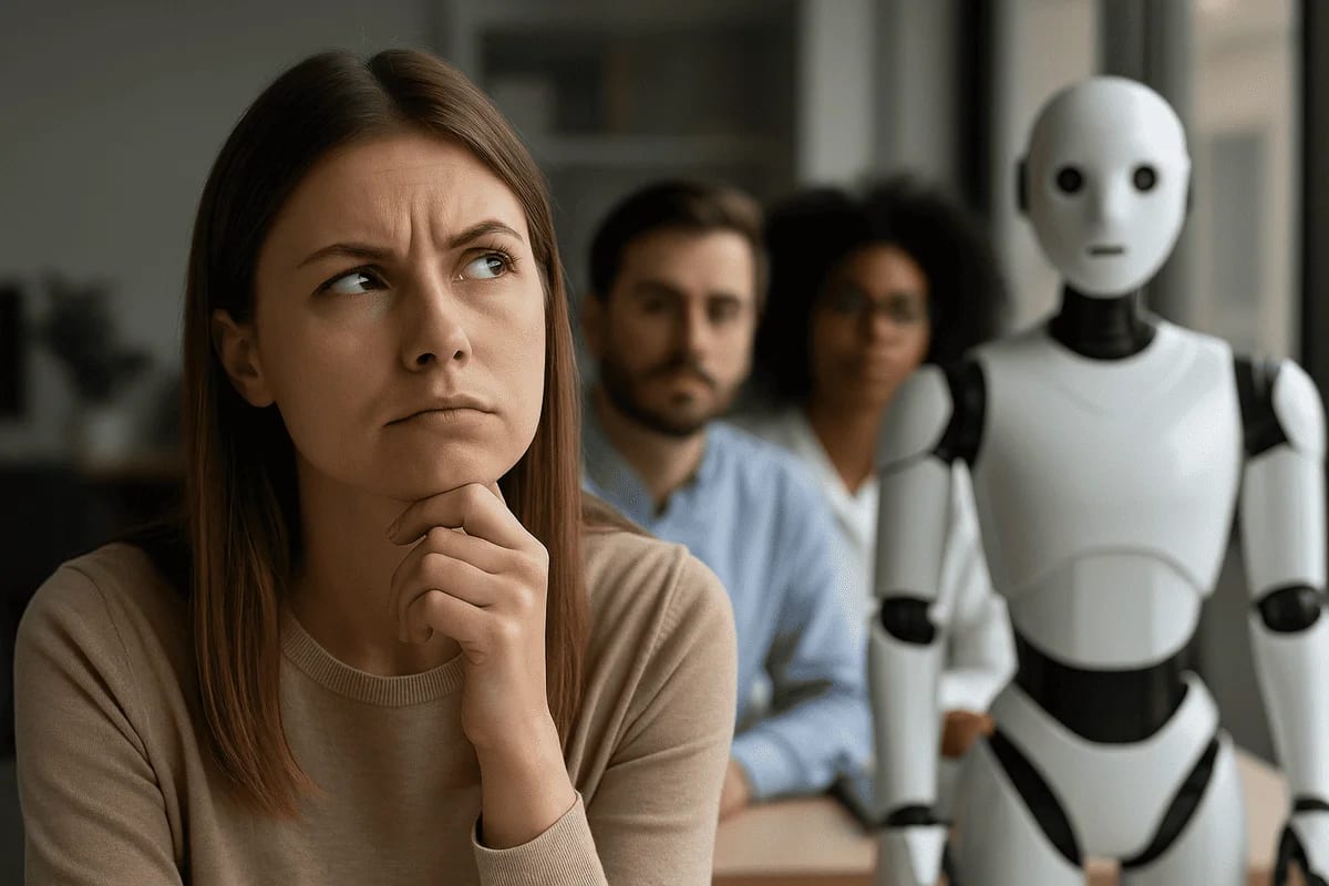 Una mujer observa pensativa mientras un robot humanoide está a su lado, simbolizando la preocupación por el impacto de la inteligencia artificial en el empleo