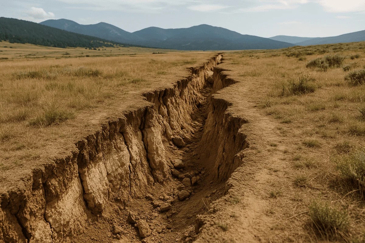 Fisura profunda en un terreno árido con montañas al fondo