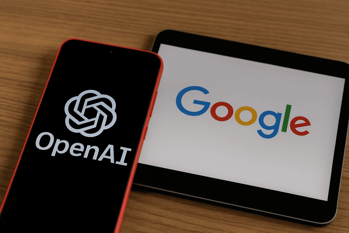 Teléfono con el logotipo de OpenAI junto a una tableta con el logotipo de Google sobre una mesa