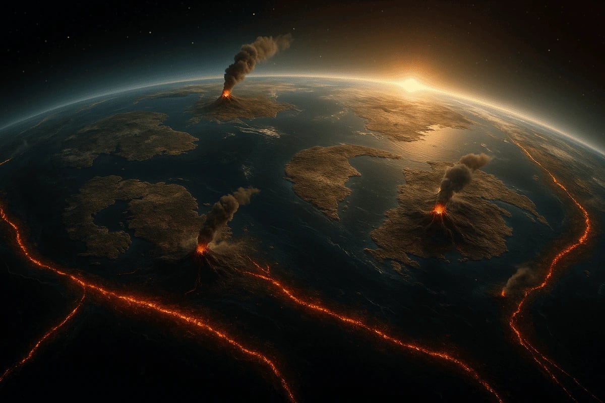 Tierra primitiva con volcanes activos, mares oscuros y continentes áridos bajo una atmósfera brumosa