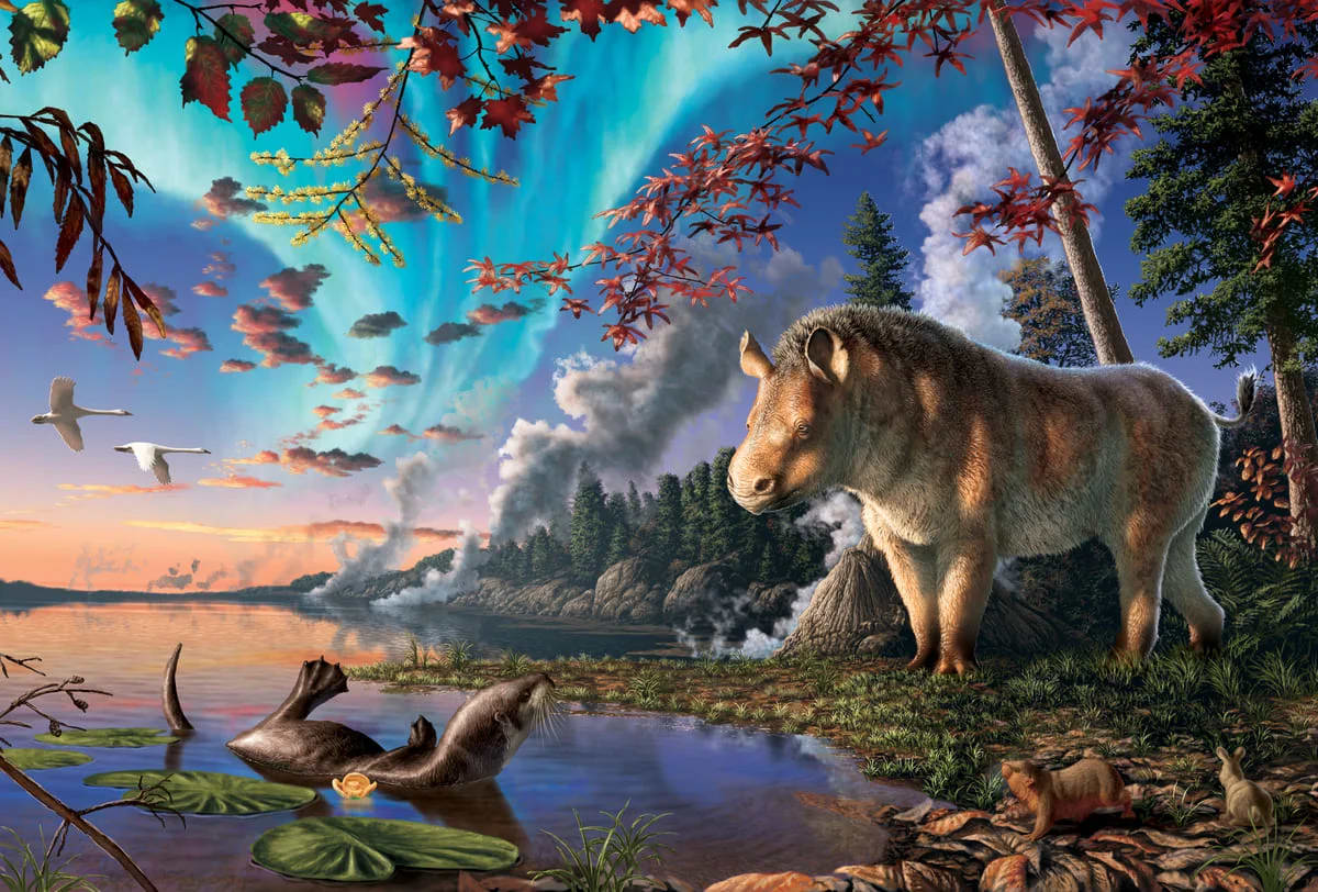 Ilustración científica de Epiaceratherium itjilik en un bosque con lago de la Isla Devon