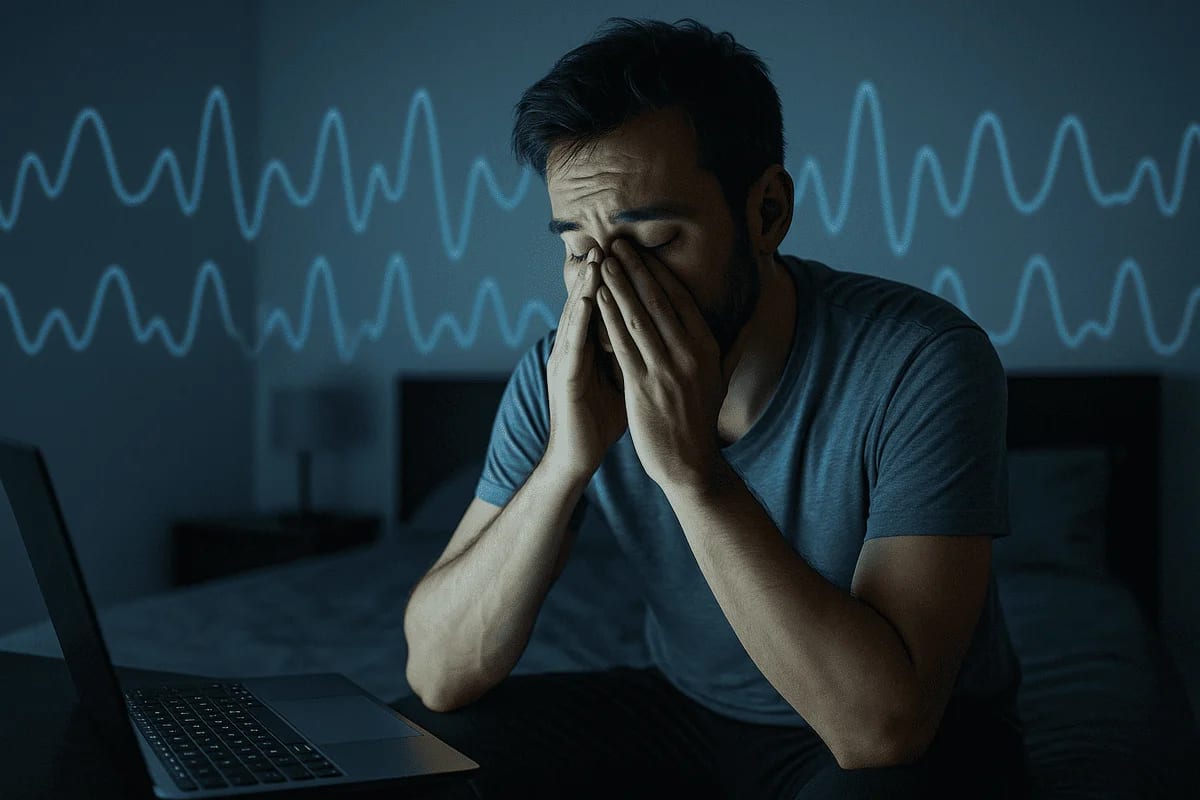 Hombre cansado sentado en la cama frente a un portátil, frotándose el rostro por falta de sueño