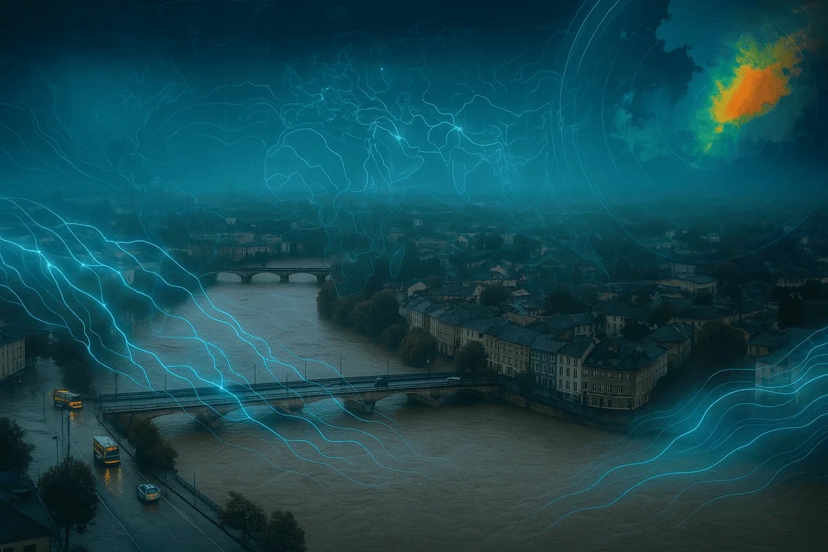 Ciudad inundada vista desde el aire con líneas azules que representan análisis por inteligencia artificial