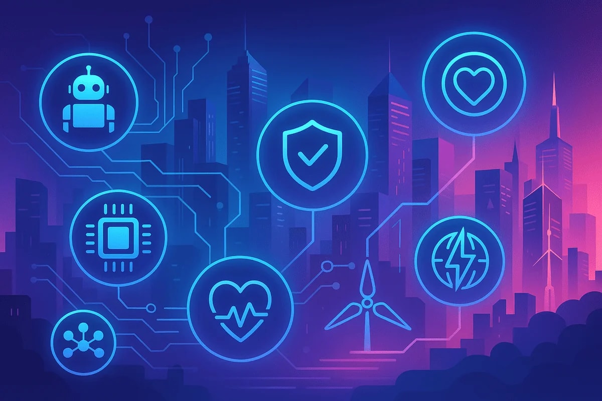 Ilustración futurista: iconos de IA, salud, seguridad y energía sobre un skyline urbano nocturno