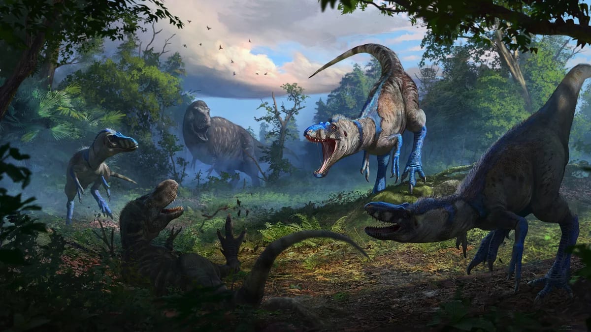Ilustración de una manada de Nanotyrannus atacando a un joven Tyrannosaurus rex en un paisaje prehistórico