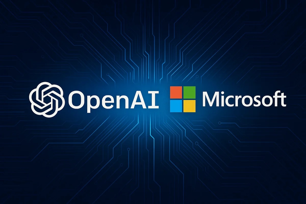 Ilustración digital que muestra los logotipos de OpenAI y Microsoft sobre un fondo tecnológico azul