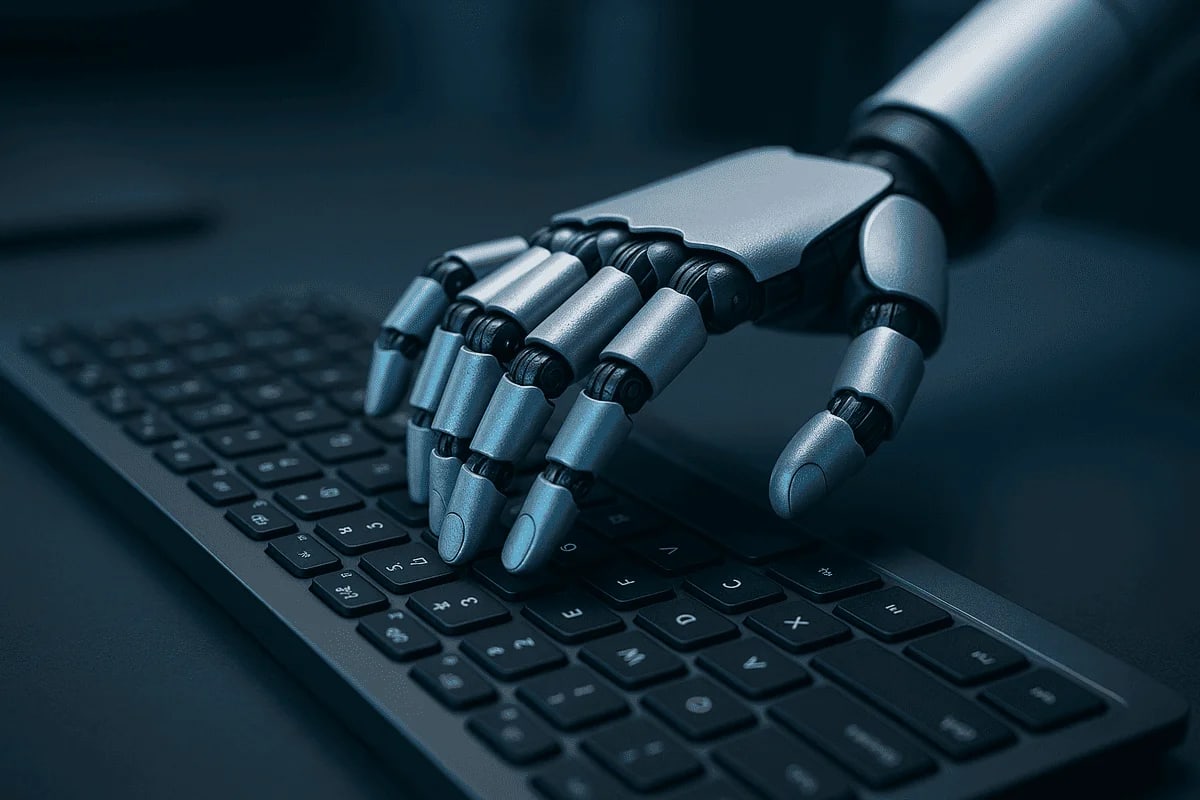 Ilustración digital horizontal que muestra una mano robótica extendida sobre un teclado de ordenador