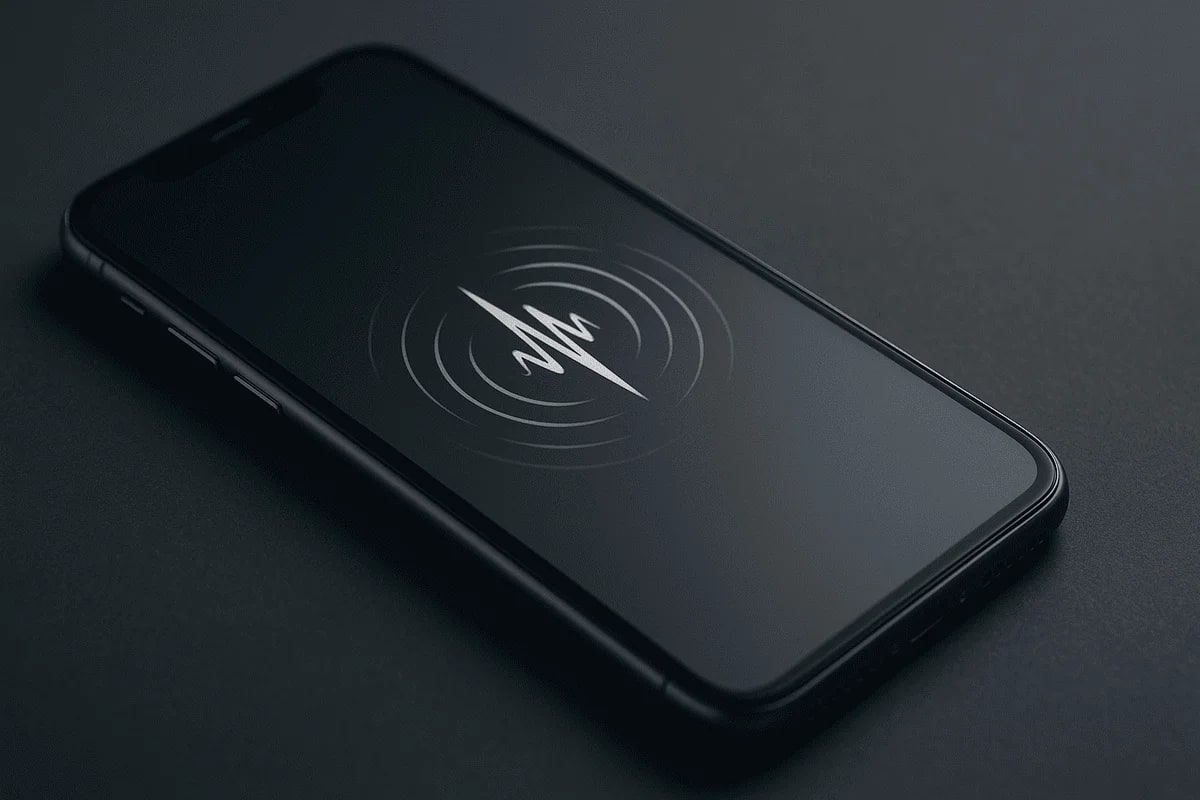 Teléfono inteligente moderno sobre fondo oscuro con un símbolo luminoso de ondas sísmicas en la pantalla