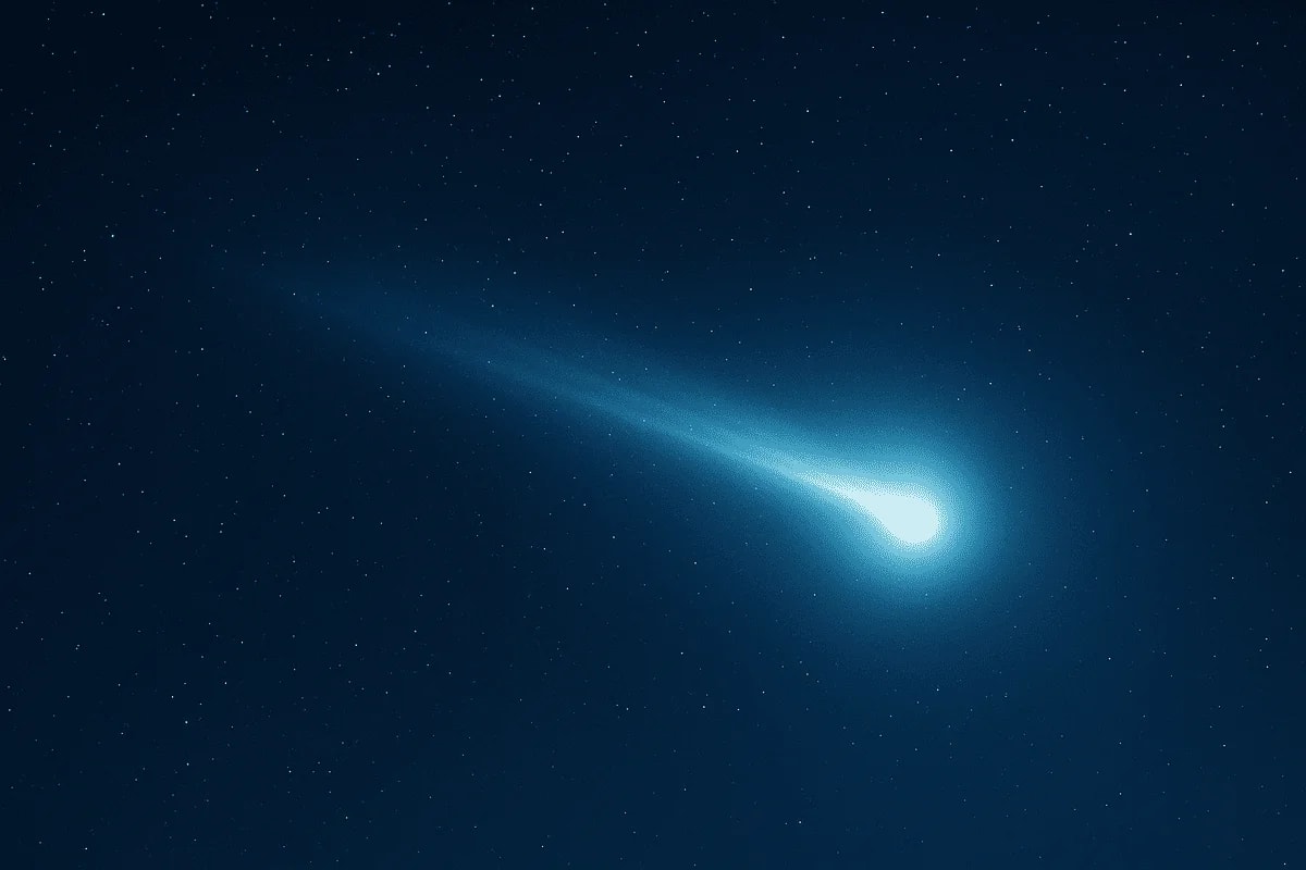 Ilustración digital horizontal de un cometa luminoso atravesando el espacio con una larga cola azul y brillante