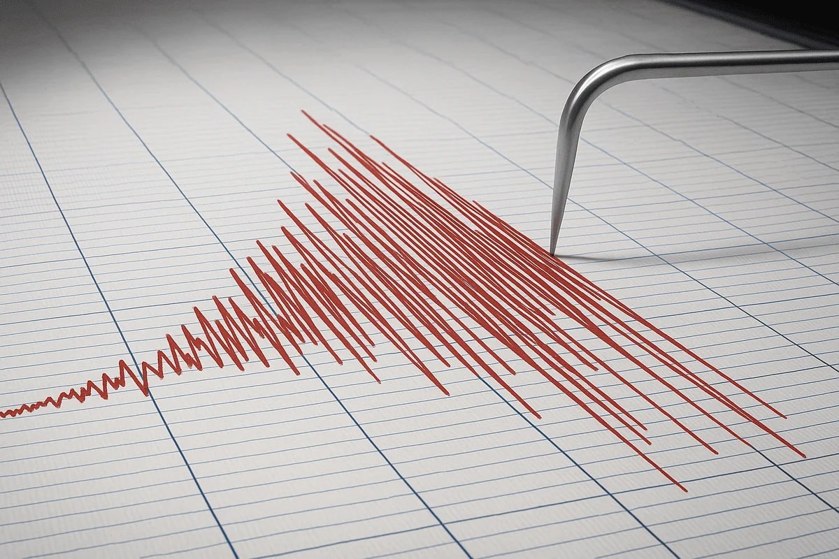 Gráfico de un sismógrafo registrando un fuerte movimiento sísmico con líneas rojas sobre papel cuadriculado