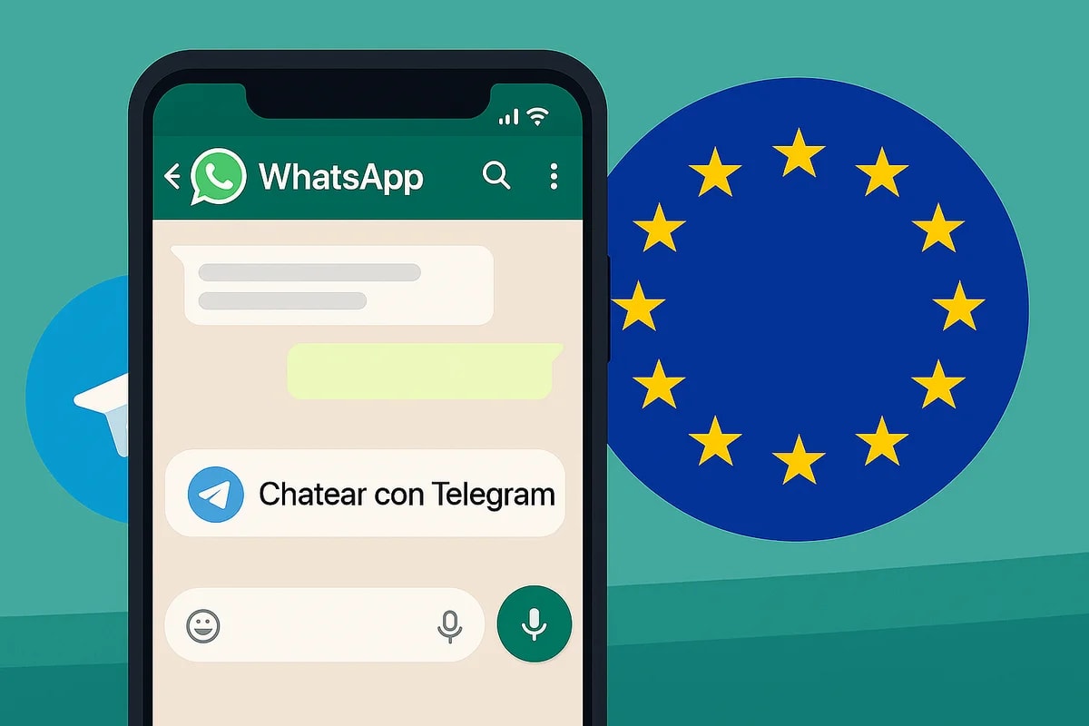 Interfaz de WhatsApp con opción de chatear con Telegram, ilustración de interoperabilidad digital