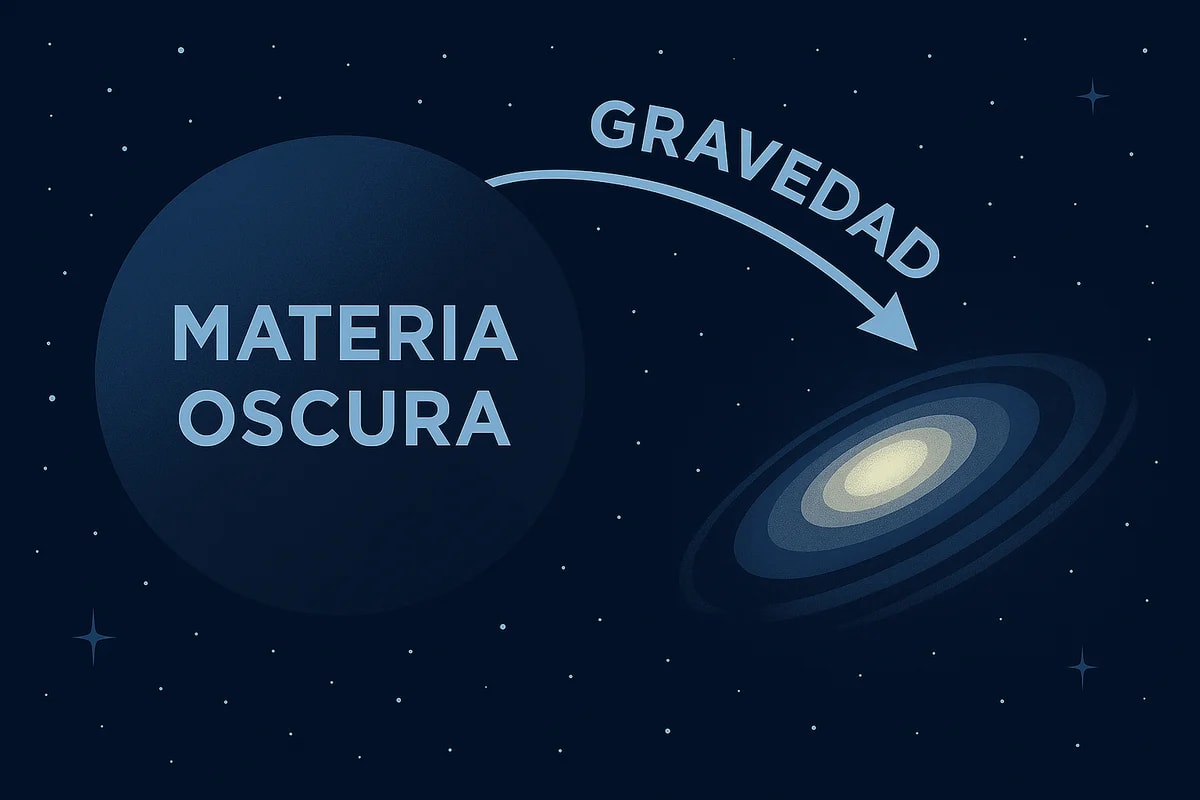 Ilustración de la materia oscura atraída por la gravedad hacia una galaxia luminosa