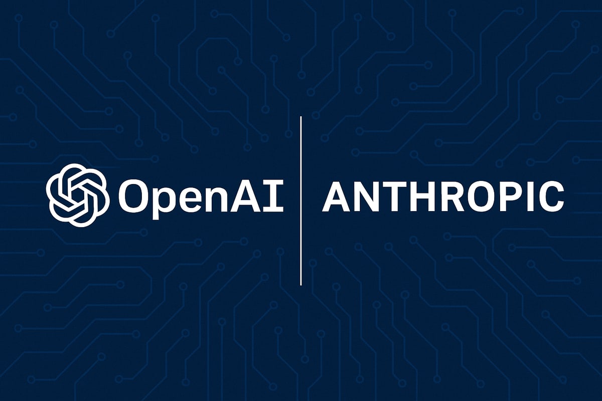 Logos de OpenAI y Anthropic sobre un fondo azul con diseño tecnológico y líneas de circuitos