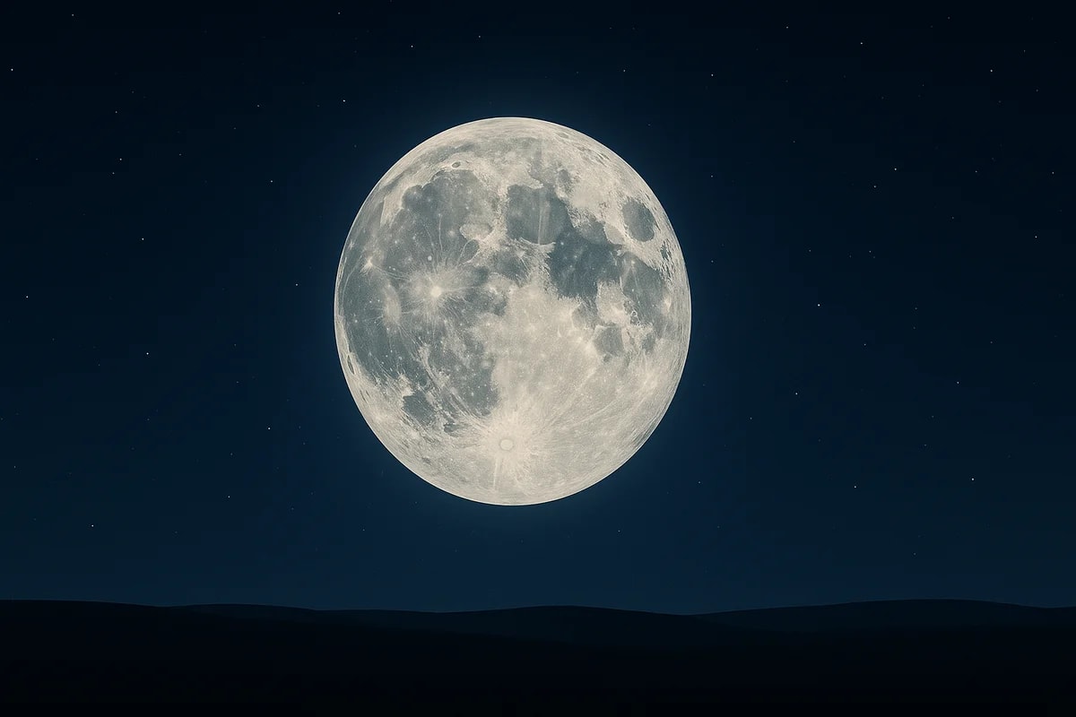Luna llena en cielo nocturno con detalle de cráteres, vista horizontal sobre un paisaje oscuro