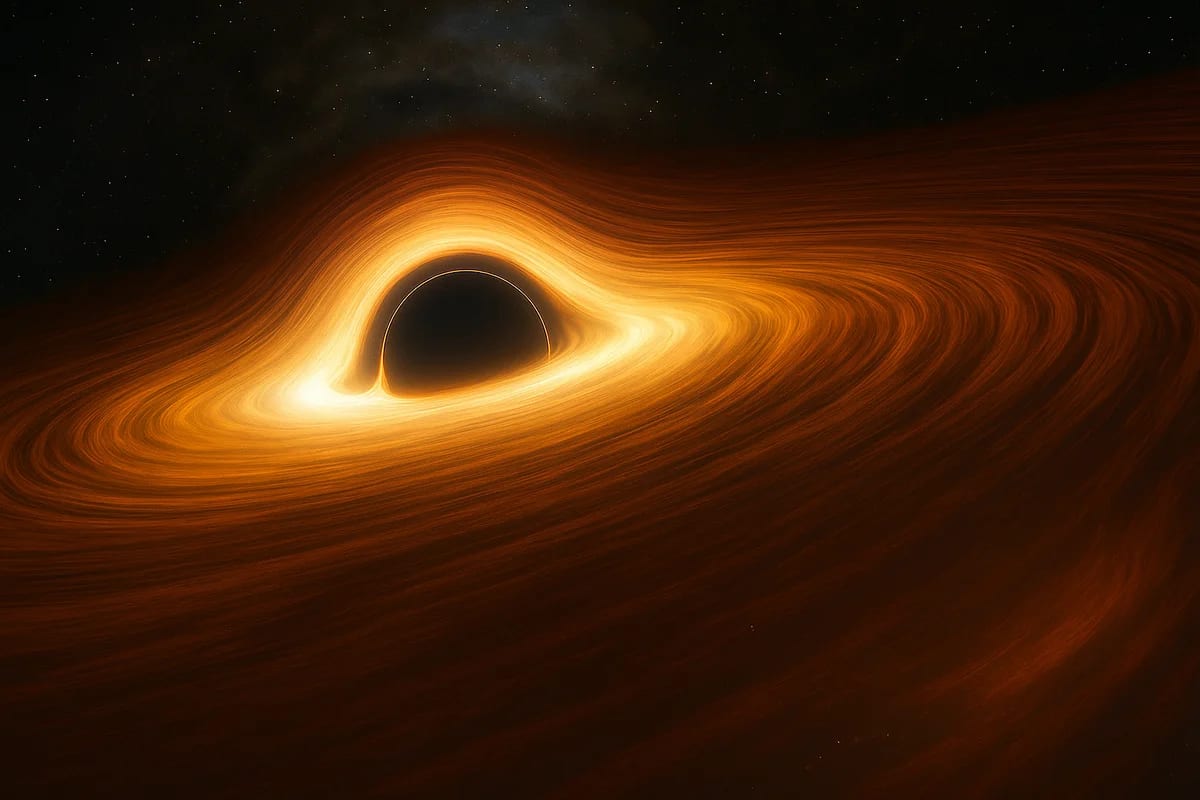 Agujero negro con un brillante disco de acreción anaranjado girando a su alrededor en el espacio profundo