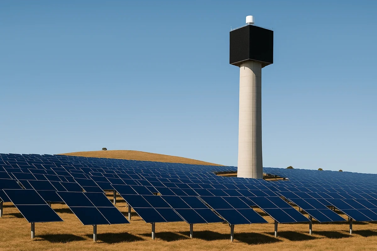 Torre solar con paneles reflectores y receptor superior ennegrecido, representando materiales ultranegros que absorben el 99,5 % de la luz solar